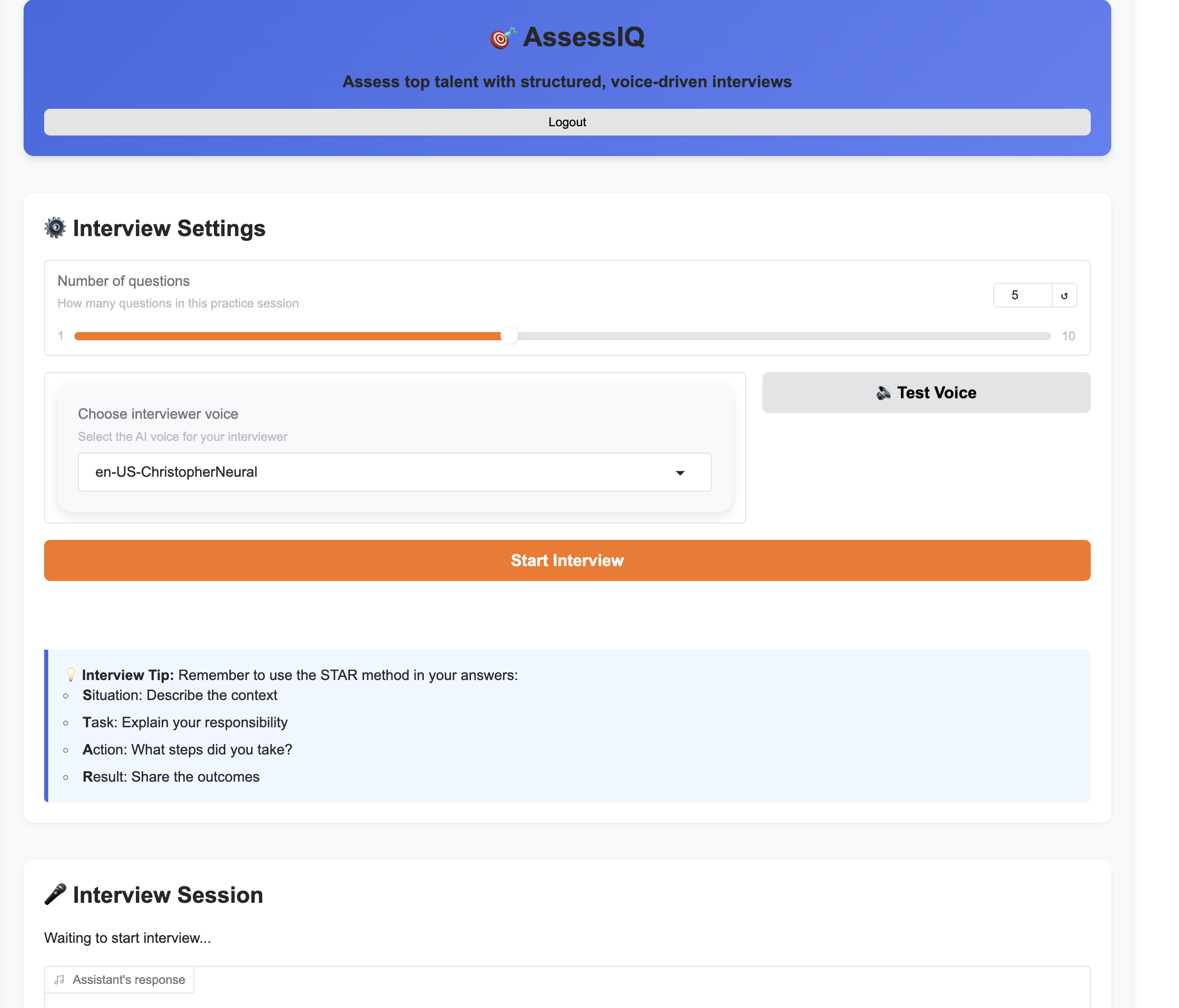 AssessIQ Interview Assessment Tool Interface